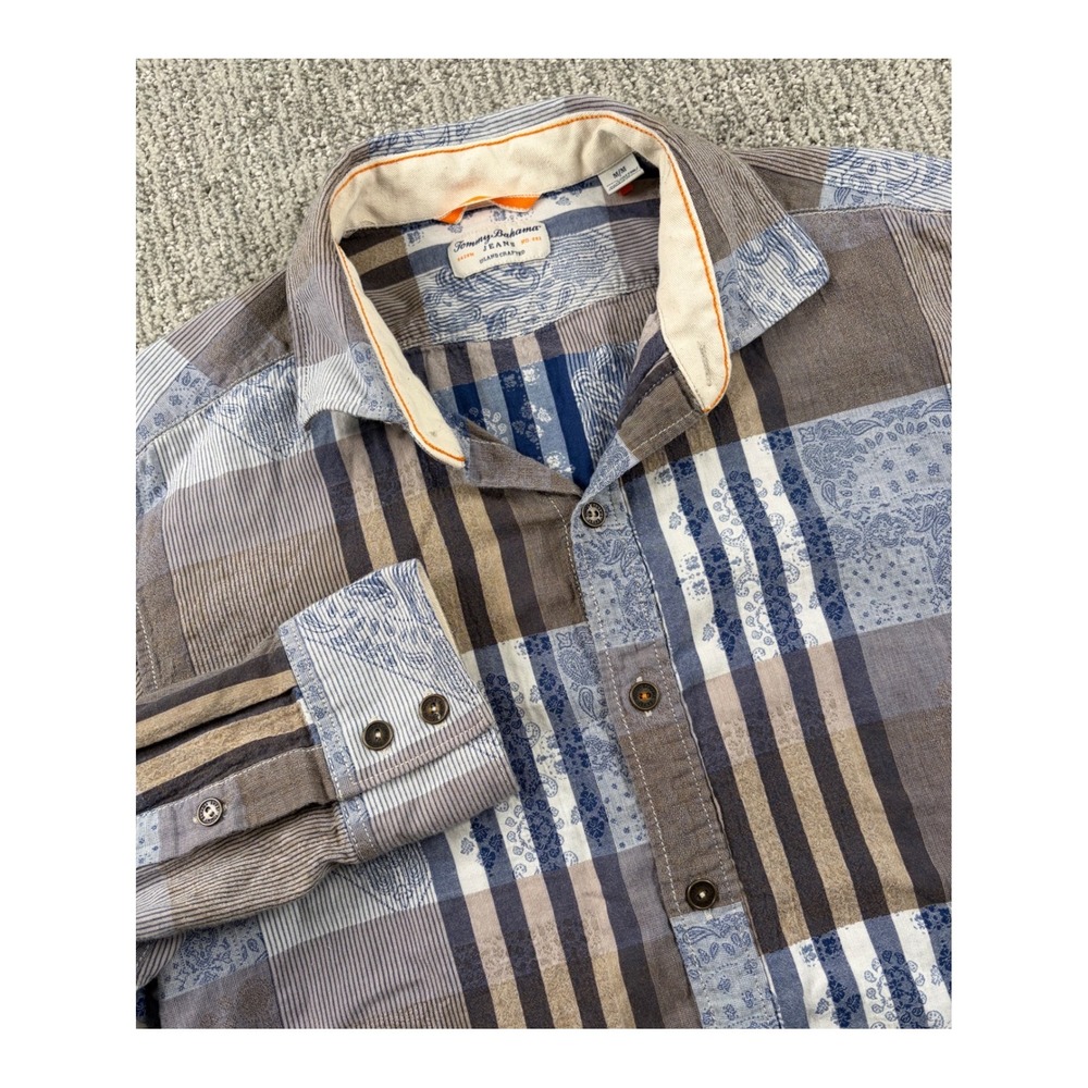 Tommy Bahama Button Down Shirt Mens Medium Blue Patchwork Paisley Cotton LS